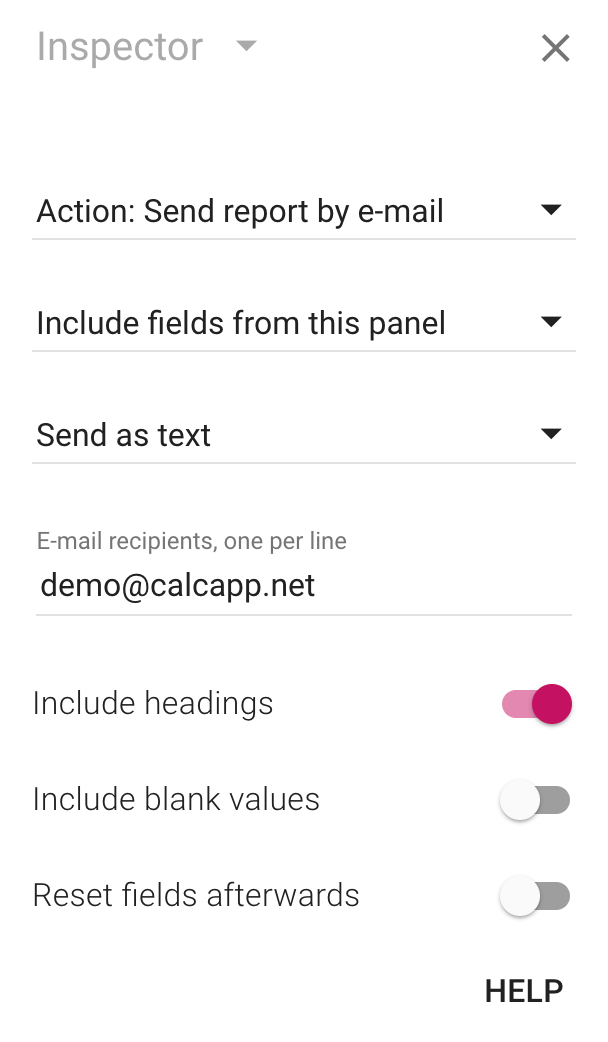The inspector properties for email reporting buttons