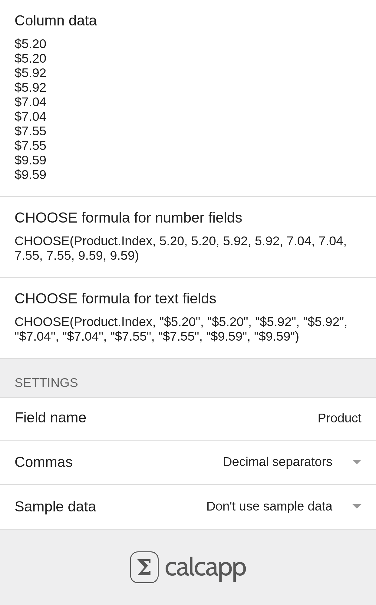 An app converting column data for use with CHOOSE formulas