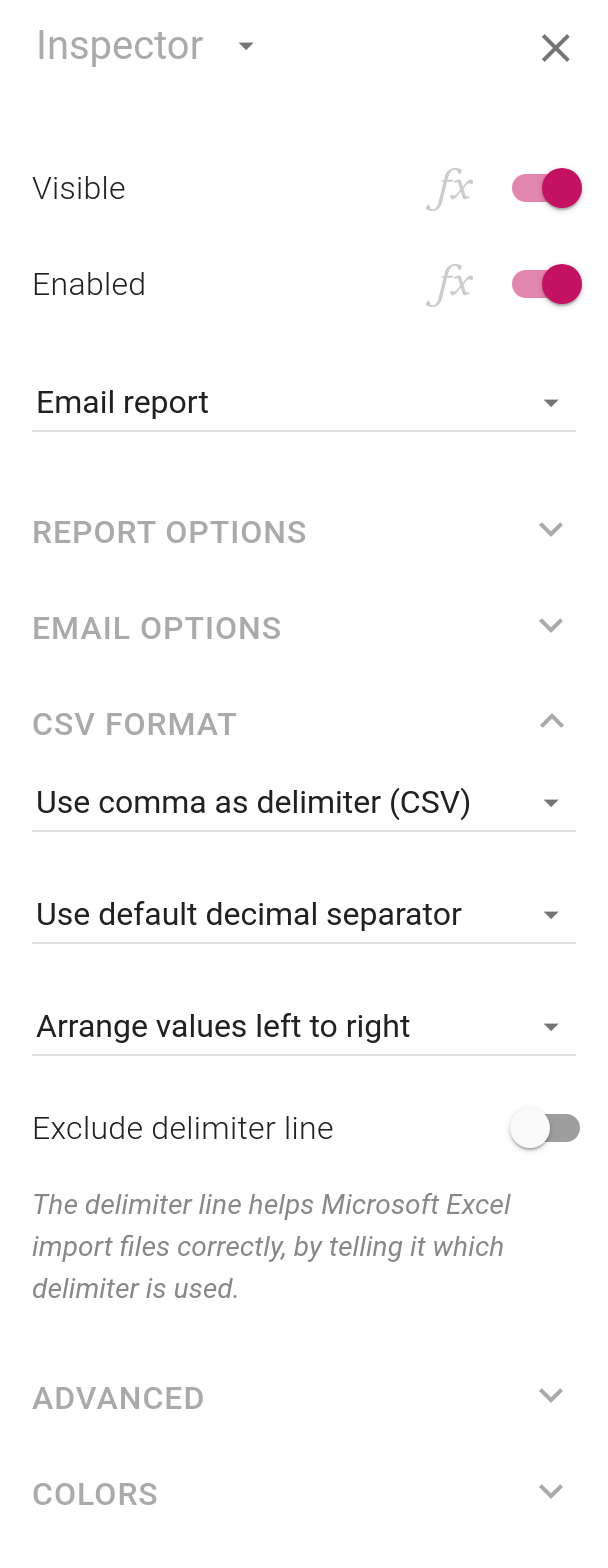 The inspector, showing the new CSV and TSV options